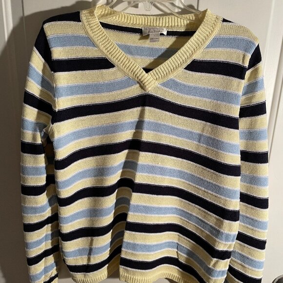 Christopher and Banks v neck sweater size large yellow blue white stripe - Picture 1 of 1